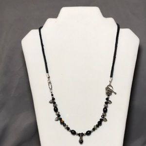 Handmade Mixed Media Black & Silver Beaded Leather Cord Necklace